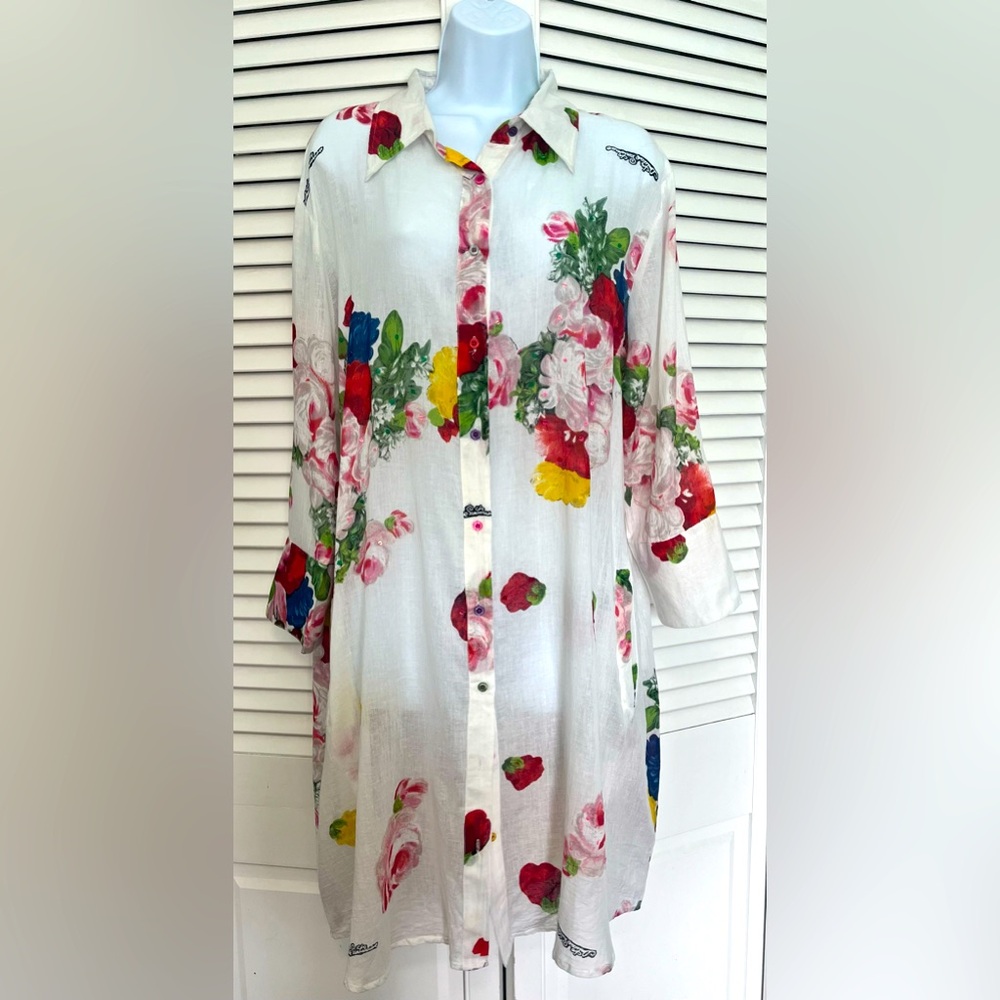 Antica Sartoria White Floral Lux Cotton Shirt Dress/swim cover-up. XL.